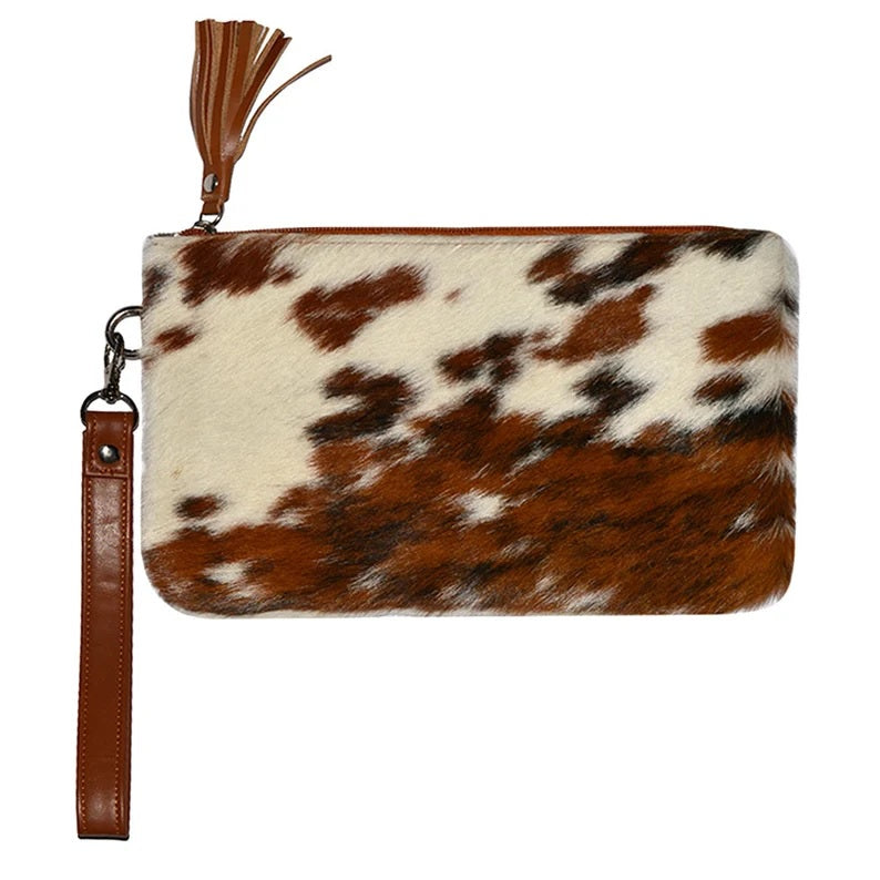 Real Cowhide Clutch Genuine Leather Handmade Wristlet, Zipper and Tassel Clutch, Fur Purse Wallet, Handbag, Organiser for women