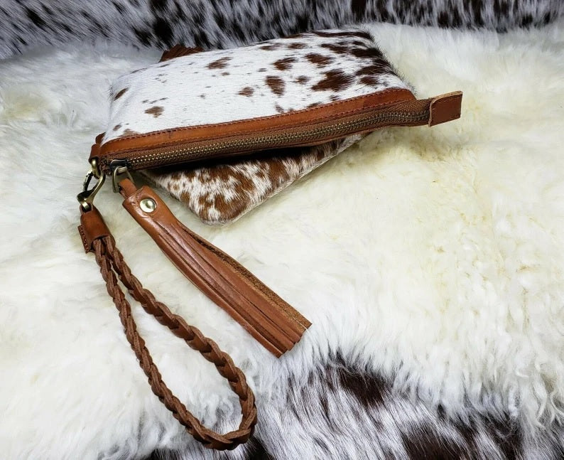 Real Cowhide Clutch Genuine Leather Handmade Wristlet, Zipper and Tassels Clutch, Fur Purse Wallet, Handbag, Organiser for women