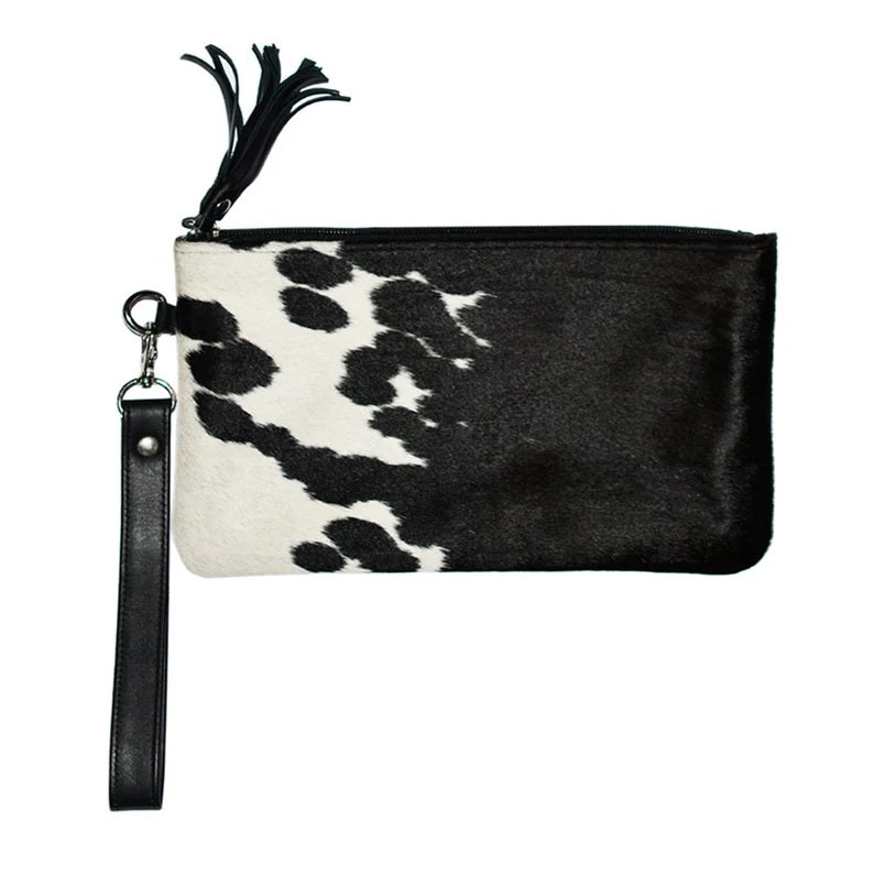 Real Cowhide Clutch Genuine Leather Handmade Wristlet, Zipper and Tassel Clutch, Fur Purse Wallet, Handbag, Organiser for women