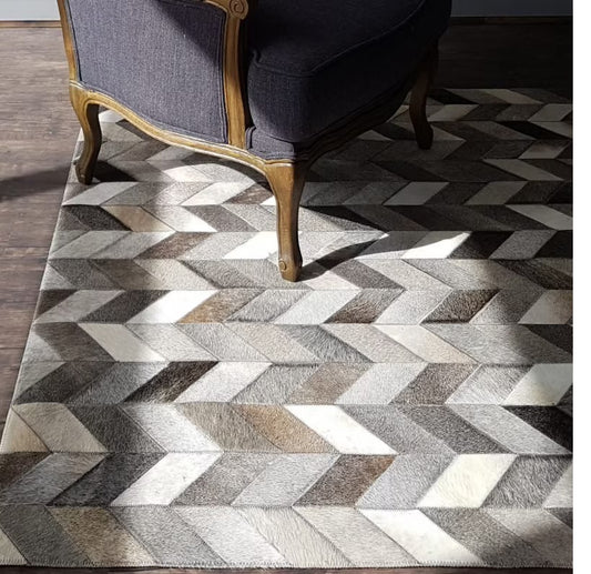 Cowhide Patchwork Rug Natural Grey Tone Chevron Cowhide Leather Carpet - Cowhide Area Rug