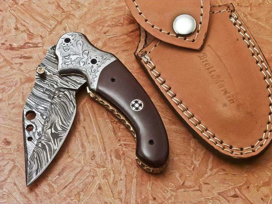 Damascus Folding Knife with sheath micarta handle and steel engraved bolsters Custom Pocket Knife Anniversary Gifts Damascus Steel Blade