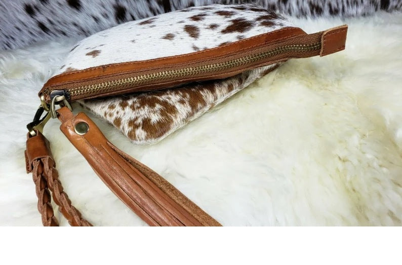 Real Cowhide Clutch Genuine Leather Handmade Wristlet, Zipper and Tassels Clutch, Fur Purse Wallet, Handbag, Organiser for women