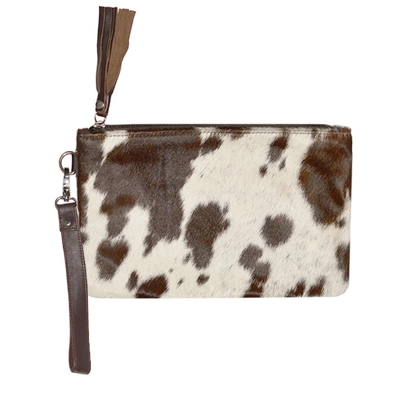 Real Cowhide Clutch Genuine Leather Handmade Wristlet, Zipper and Tassel Clutch, Fur Purse Wallet, Handbag, Organiser for women