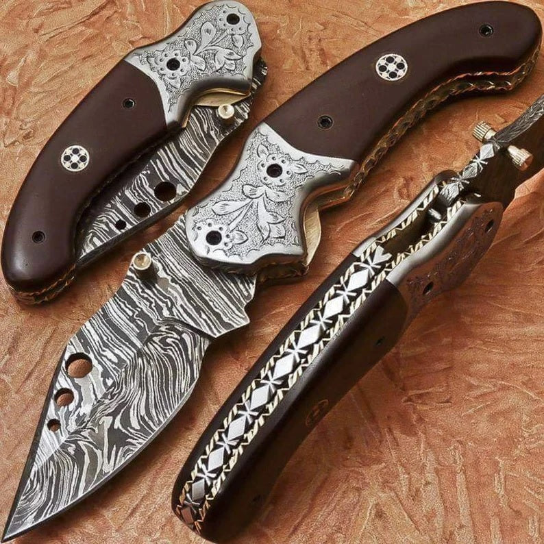 Damascus Folding Knife with sheath micarta handle and steel engraved bolsters Custom Pocket Knife Anniversary Gifts Damascus Steel Blade