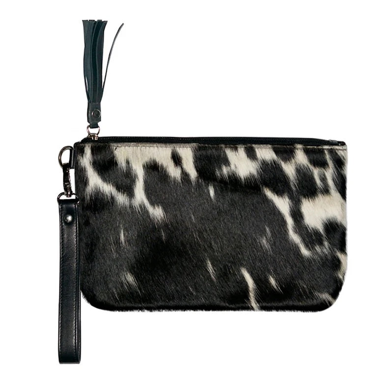 Real Cowhide Clutch Genuine Leather Handmade Wristlet, Zipper and Tassel Clutch, Fur Purse Wallet, Handbag, Organiser for women