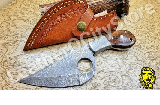 7.50 Inch Custom Handmade Damascus Steel finger hole skinning Hunting Dagger Knife- With Leather Sheath, Damascus knife, Hunting knife