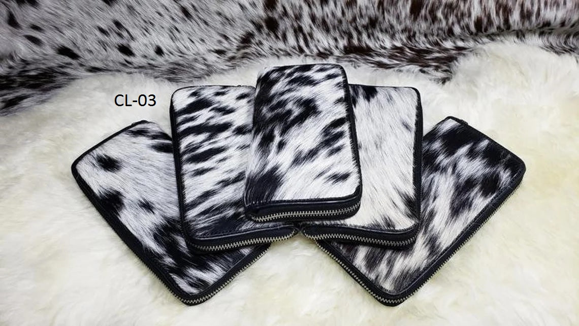 Cowhide Wallets for Women Slim Wallet Bifold Black Leather Zipper Clutch Purse Real Cow Hide Fur Purse Wallet Handbag - Gifts for Her