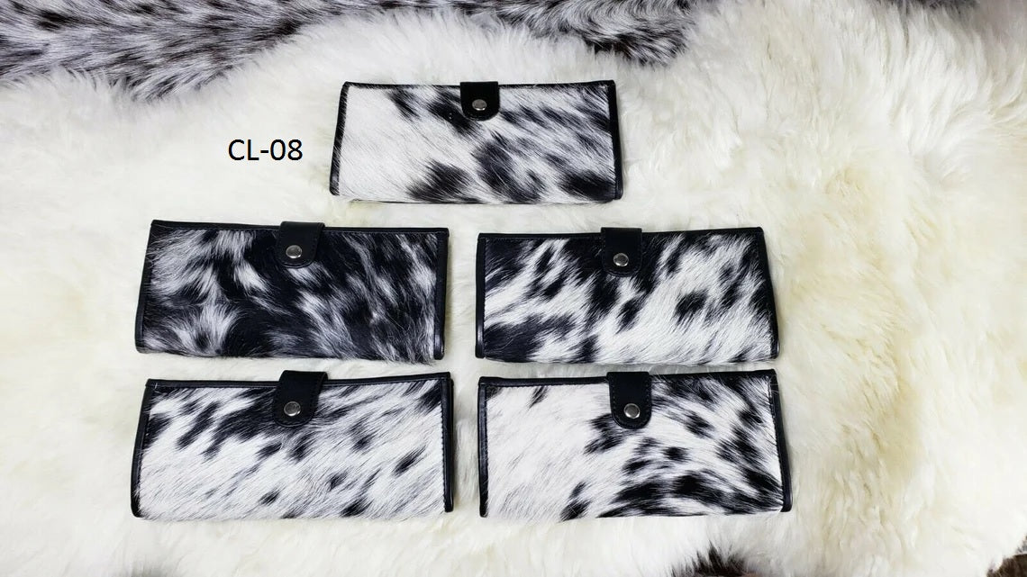 Cowhide Wallets for Women Slim Wallet Bifold Black Leather Zipper Clutch Purse Real Cow Hide Fur Purse Wallet Handbag - Gifts for Her