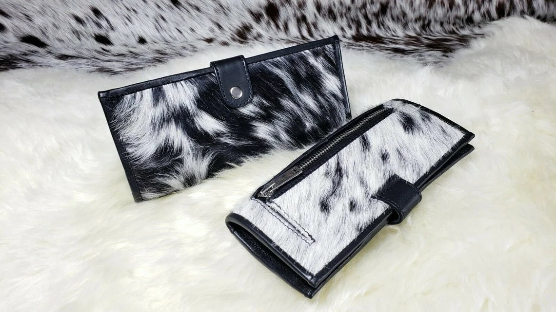 Cowhide Wallets for Women Slim Wallet Bifold Black Leather Zipper Clutch Purse Real Cow Hide Fur Purse Wallet Handbag - Gifts for Her