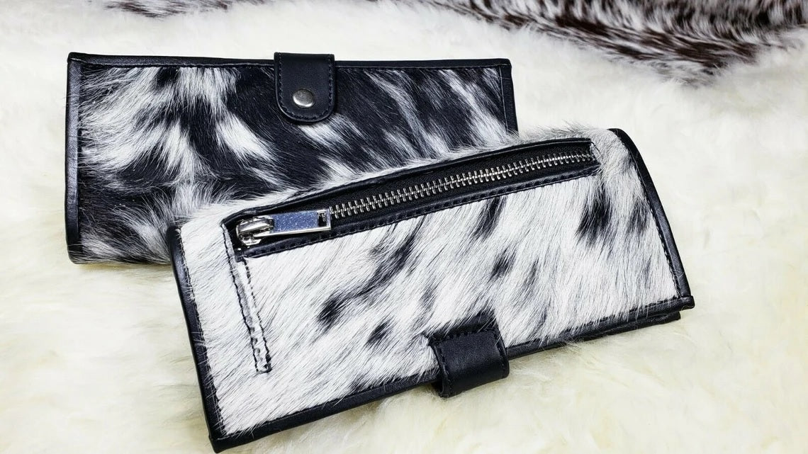 Cowhide Wallets for Women Slim Wallet Bifold Black Leather Zipper Clutch Purse Real Cow Hide Fur Purse Wallet Handbag - Gifts for Her