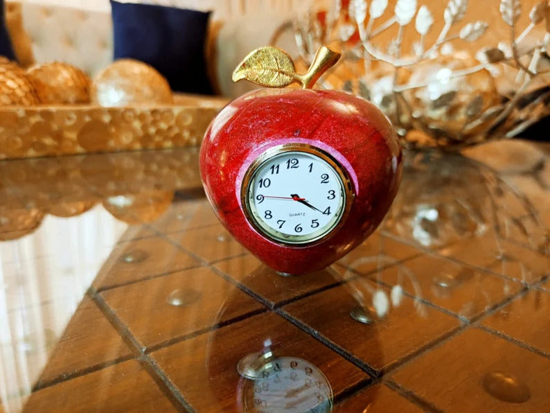 Apple Marble Hand Made Table Clock, Marble Home Decor, Living room Figurine, Natural Stone Onyx, Office Decor, Marble Clock Antique