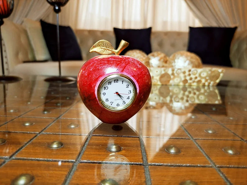 Apple Marble Hand Made Table Clock, Marble Home Decor, Living room Figurine, Natural Stone Onyx, Office Decor, Marble Clock Antique