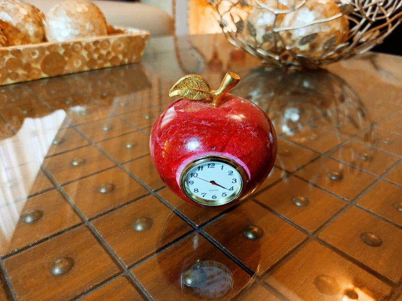 Apple Marble Hand Made Table Clock, Marble Home Decor, Living room Figurine, Natural Stone Onyx, Office Decor, Marble Clock Antique