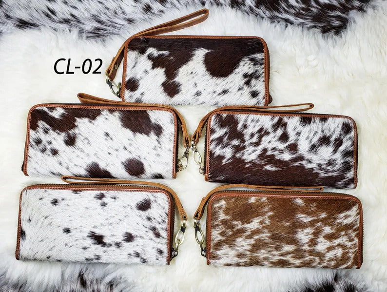 Real Cowhide Clutch Genuine Leather Handmade Wristlet and Zipper Clutch, Fur Purse Wallet, Handbag, Organiser for women