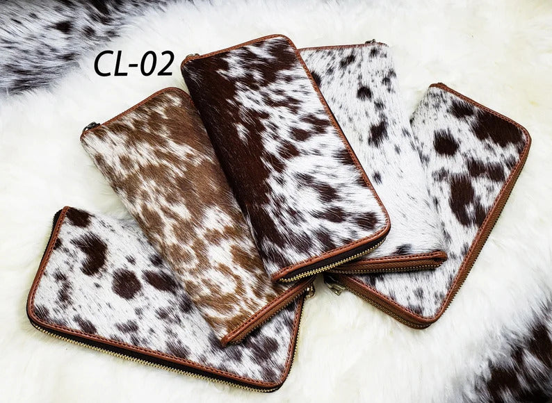 Real Cowhide Clutch Genuine Leather Handmade Wristlet and Zipper Clutch, Fur Purse Wallet, Handbag, Organiser for women