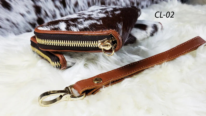 Real Cowhide Clutch Genuine Leather Handmade Wristlet and Zipper Clutch, Fur Purse Wallet, Handbag, Organiser for women