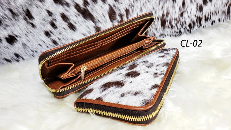 Real Cowhide Clutch Genuine Leather Handmade Wristlet and Zipper Clutch, Fur Purse Wallet, Handbag, Organiser for women