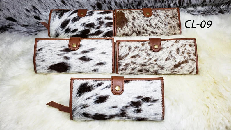 Cowhide Wallets for Women Slim Wallet Bifold Brown Tan Leather Zipper Clutch Purse Real Cow Hide Fur Purse Wallet Handbag - Gifts for Her