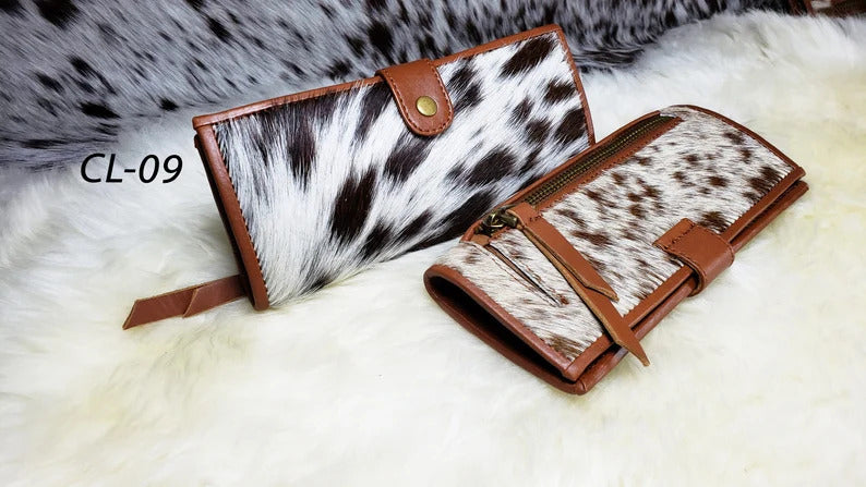 Cowhide Wallets for Women Slim Wallet Bifold Brown Tan Leather Zipper Clutch Purse Real Cow Hide Fur Purse Wallet Handbag - Gifts for Her