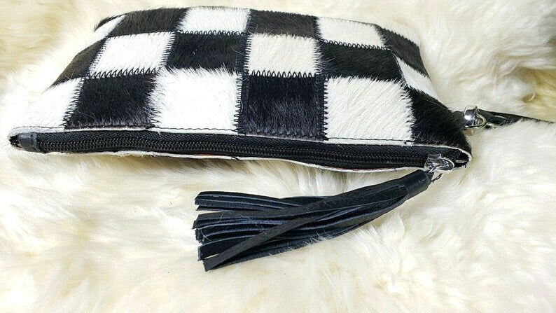 Real Cowhide Patchwork Clutch Genuine Leather Handmade Wristlet, Tassel and Zipper Clutch, Fur Purse Wallet, Handbag, Organiser for women