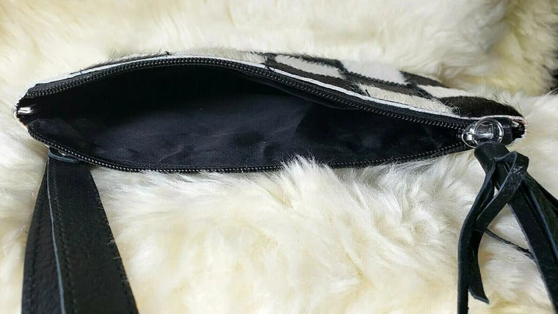 Real Cowhide Patchwork Clutch Genuine Leather Handmade Wristlet, Tassel and Zipper Clutch, Fur Purse Wallet, Handbag, Organiser for women