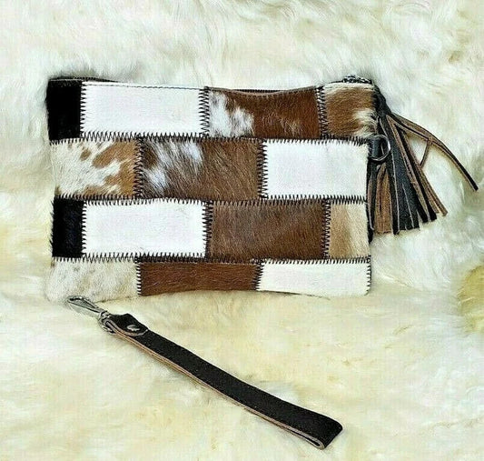 Real Cowhide Patchwork Clutch Genuine Leather Handmade Wristlet, Tassel and Zipper Clutch, Fur Purse Wallet, Handbag, Organiser for women