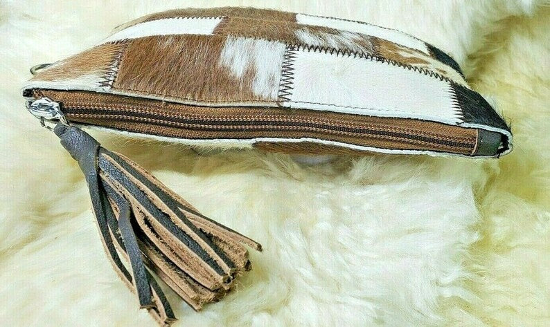 Real Cowhide Patchwork Clutch Genuine Leather Handmade Wristlet, Tassel and Zipper Clutch, Fur Purse Wallet, Handbag, Organiser for women