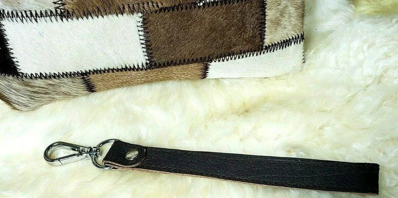 Real Cowhide Patchwork Clutch Genuine Leather Handmade Wristlet, Tassel and Zipper Clutch, Fur Purse Wallet, Handbag, Organiser for women