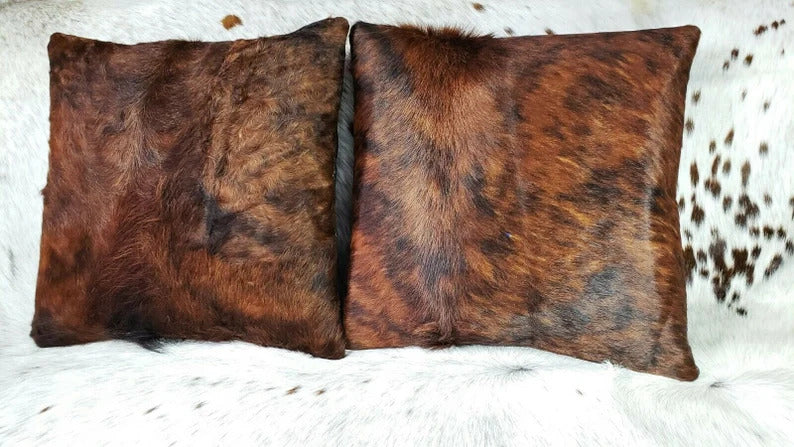 Cowhide Pillows Cushion Cover Leather Hair on Cow Hide Skin 16" x 16" Set of 2