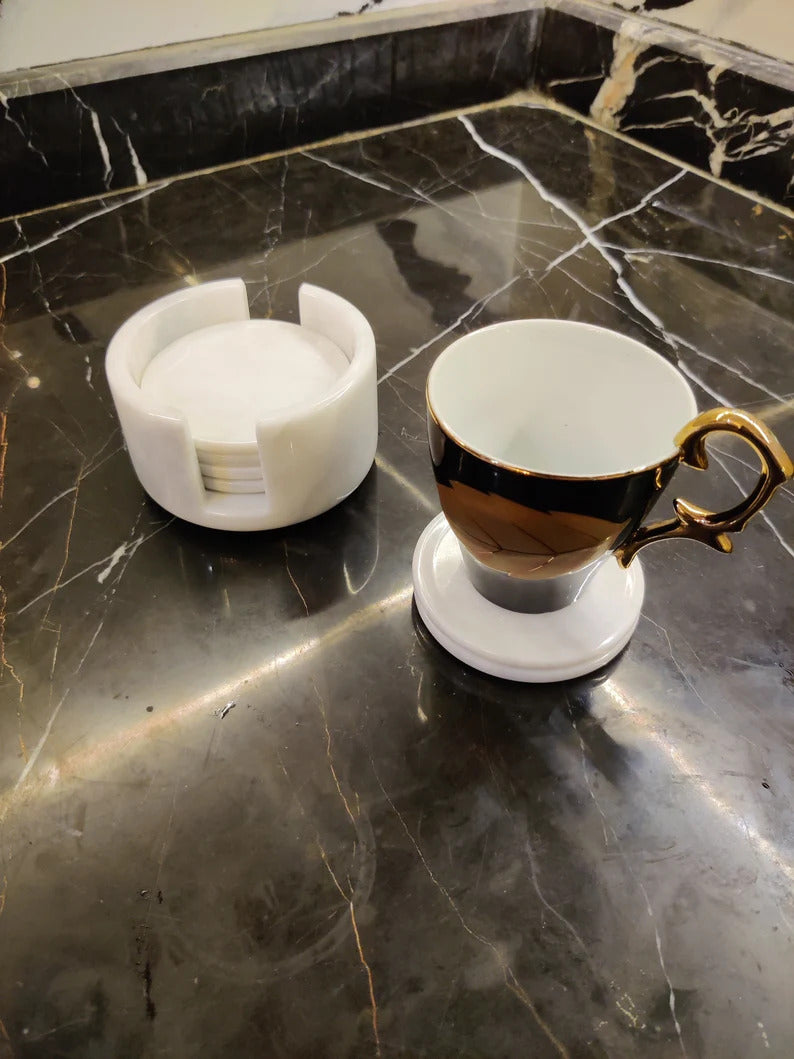 Handmade Classy Marble Coaster Set Cup Pad With Holder Absorbent Marble Non-Slip Cork Back Bar Accessories Marble Coffee Table Minimalist