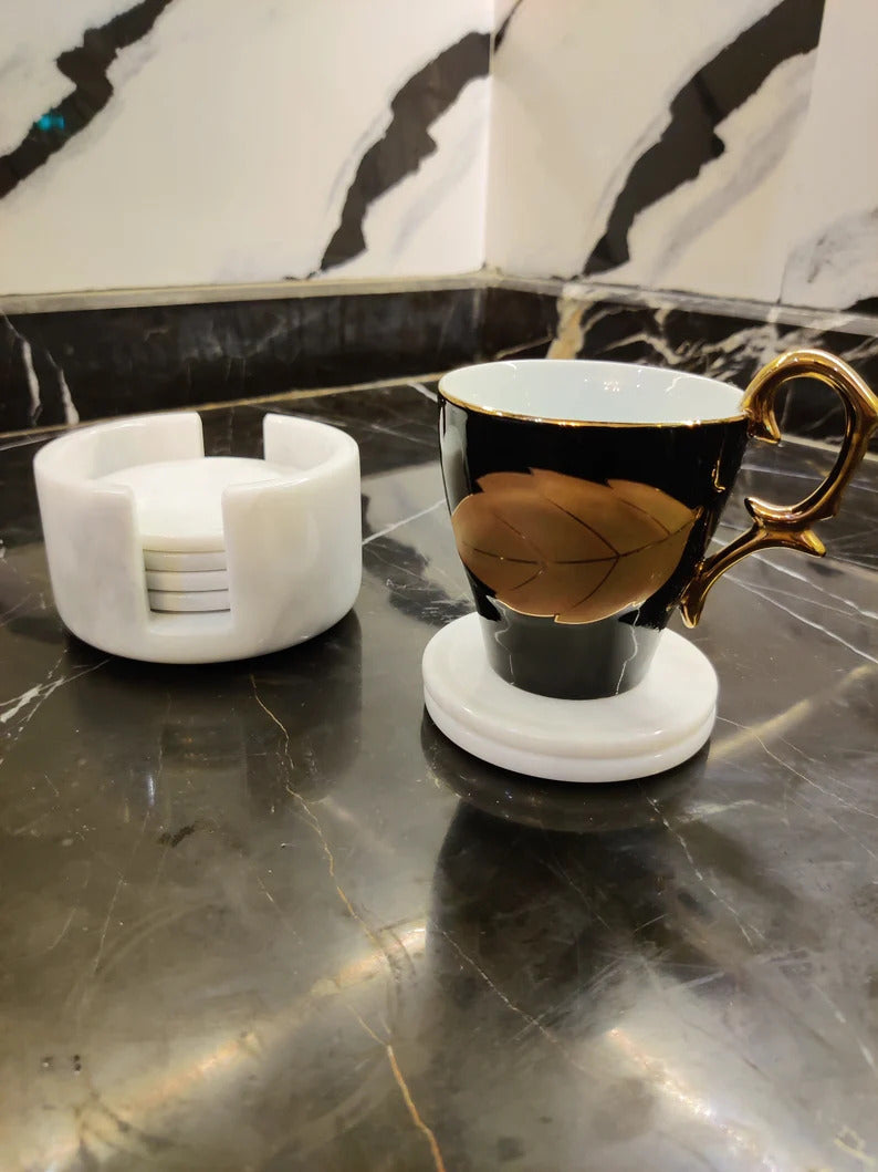 Handmade Classy Marble Coaster Set Cup Pad With Holder Absorbent Marble Non-Slip Cork Back Bar Accessories Marble Coffee Table Minimalist