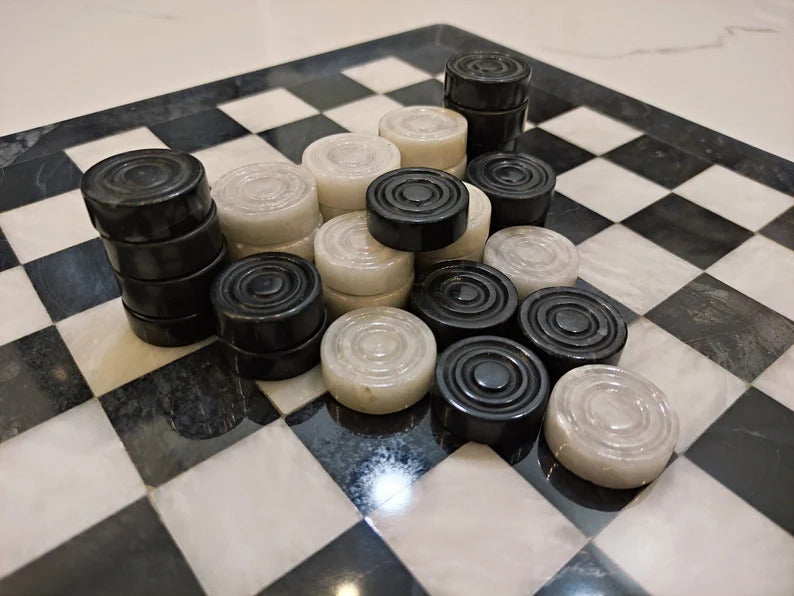 Handmade Marble draughts checkers Set Indoor Adult Checker Game Marble Chess Board Handcraft 15" x 15" Premium Top Quality Draughts Board