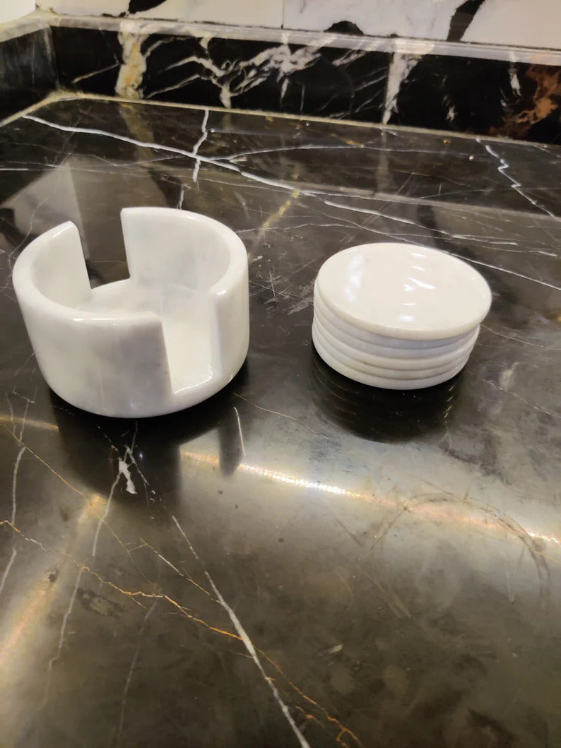 Handmade Classy Marble Coaster Set Cup Pad With Holder Absorbent Marble Non-Slip Cork Back Bar Accessories Marble Coffee Table Minimalist