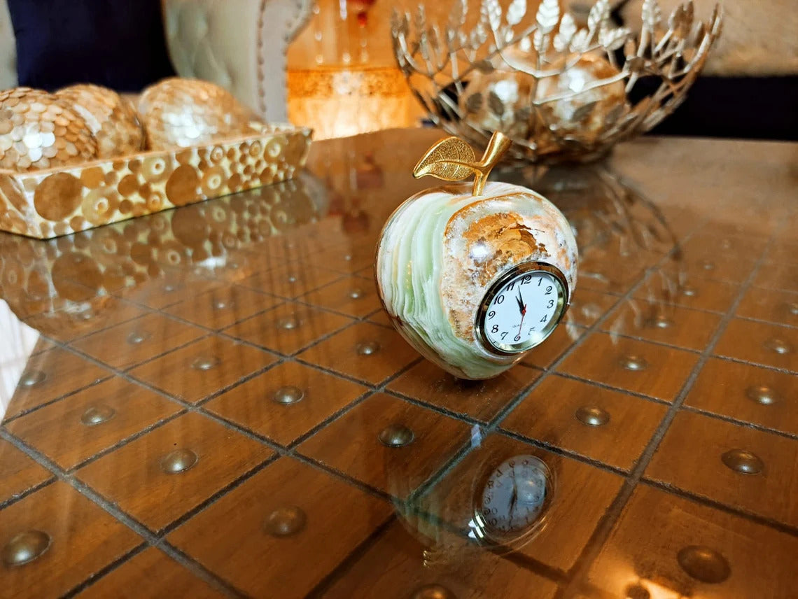 Onyx Apple Marble Hand Made Table Clock, Marble Home Decor, Living room Figurine, Natural Stone Onyx, Office Decor, Marble Clock Antique