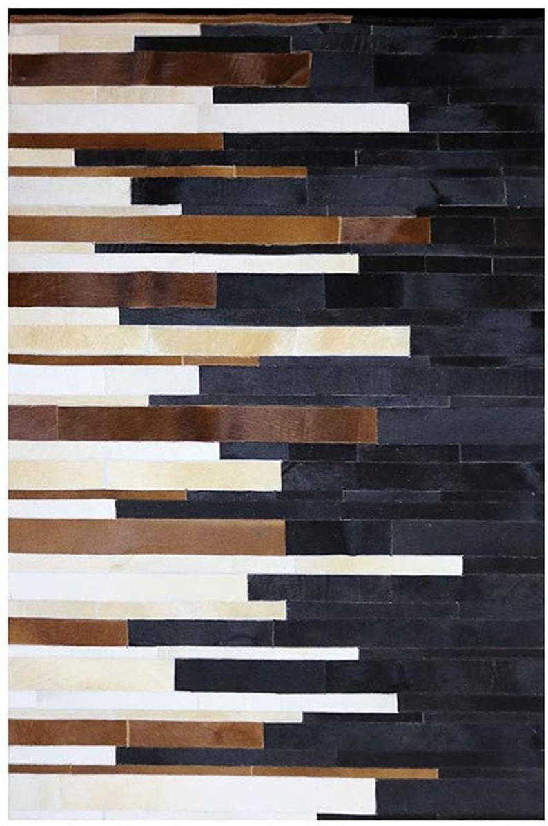 Handmade Tricolor Cowhide Rug Brown Black White Tri Color Patchwork Stripe Hair On Hide Area Rug | Patchwork