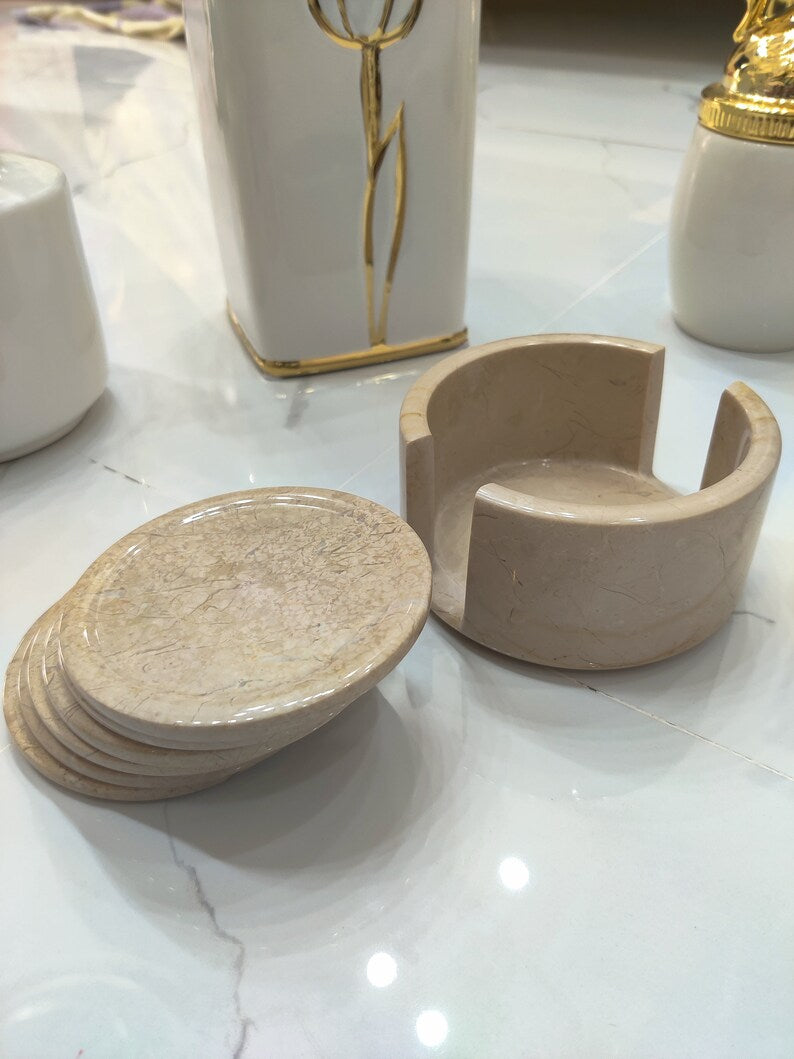 Handmade Classy Marble Coaster Set Cup Pad With Holder Absorbent Non-Slip Cork Back Bar Accessories Marble Coffee Table Minimalist