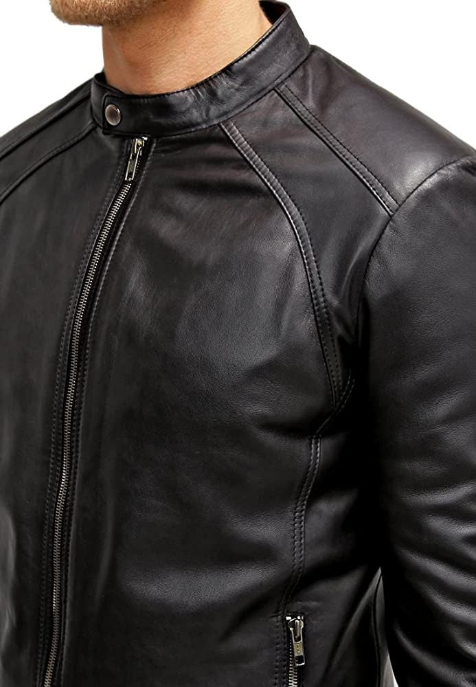 Distressed Biker Black Men Leather Jacket, Real Black Leather Jacket With Band Collar Mens leather Jacket | Top Quality Leather Jacket men