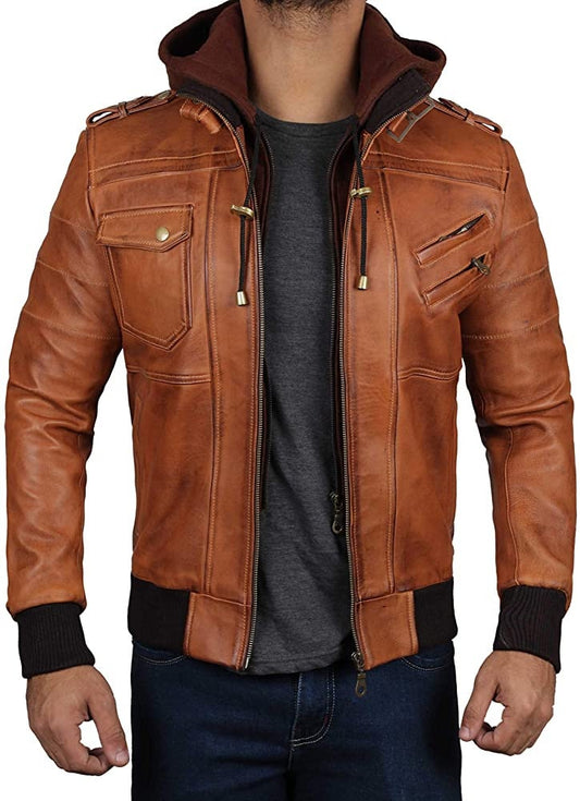 Bomber Men Leather Jacket, Hand Made Brown Genuine Leather Jacket With Hoodie Mens leather Jacket Slim Fit Jacket | Top Quality Jacket Sale