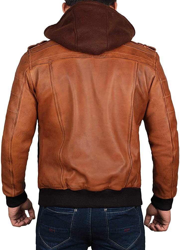 Bomber Men Leather Jacket, Hand Made Brown Genuine Leather Jacket With Hoodie Mens leather Jacket Slim Fit Jacket | Top Quality Jacket Sale