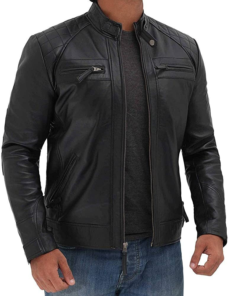 Men Leather Jacket, Real Black Biker Leather Jacket for Mens Vintage Band Collar Designer Coat Scott | Top Quality Leather Jacket men Sale