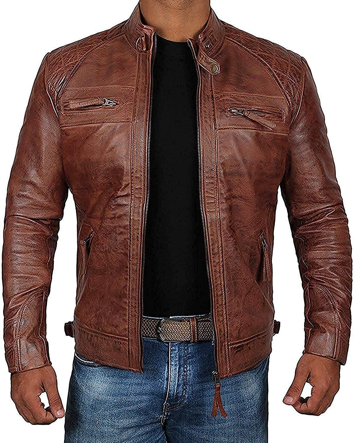 Men Leather Jacket, Real Brown Biker Leather Jacket for Mens Vintage Band Collar Designer Coat Scott | Top Quality Leather Jacket men Sale