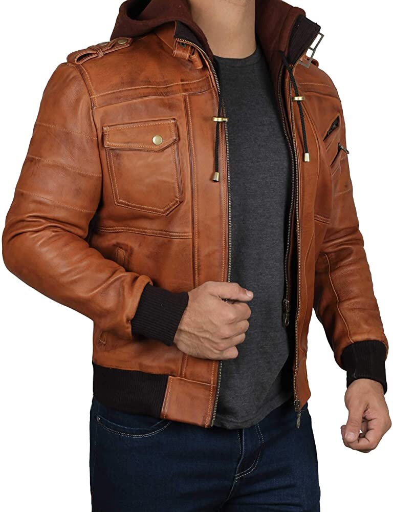 Bomber Men Leather Jacket, Hand Made Brown Genuine Leather Jacket With Hoodie Mens leather Jacket Slim Fit Jacket | Top Quality Jacket Sale