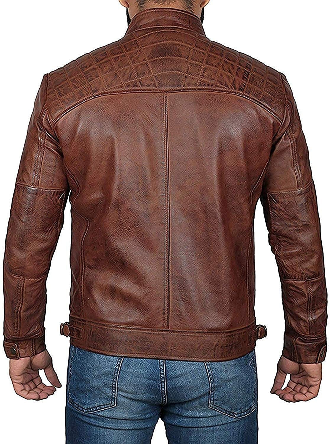 Men Leather Jacket, Real Brown Biker Leather Jacket for Mens Vintage Band Collar Designer Coat Scott | Top Quality Leather Jacket men Sale