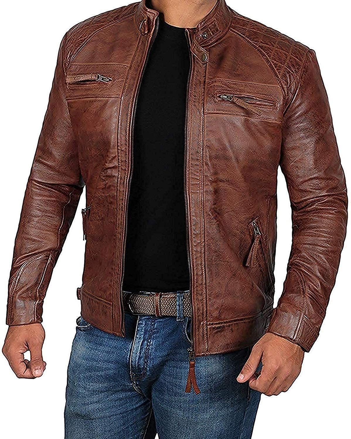 Men Leather Jacket, Real Brown Biker Leather Jacket for Mens Vintage Band Collar Designer Coat Scott | Top Quality Leather Jacket men Sale