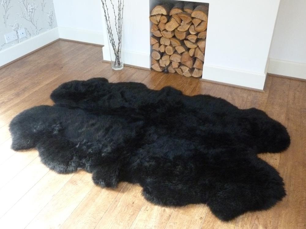 Quad Sheepskin Rug | Genuine Black Fur Sheepskin Rug Natural Large Sheep Skin 4 X 6 Australian Sheep Skin Rug 4 Pelt black Floor Matt SALE