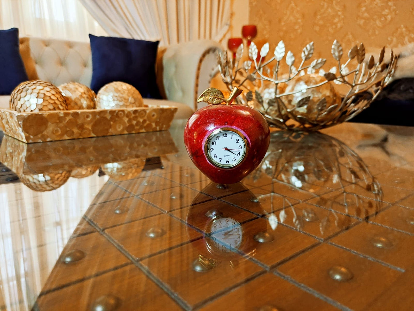 Decorative marble apples,Red apple Clock with gold colored leaves, home gifts, mom gifts Marble Paperweight Handmade Table Clock,