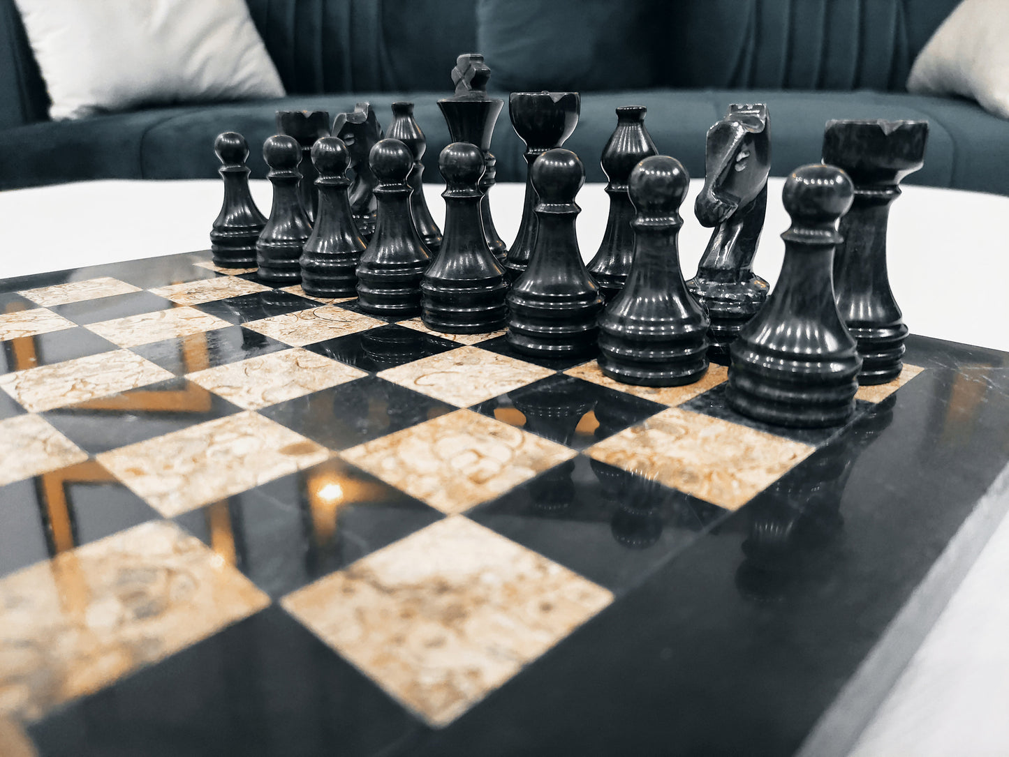 Handmade Marble Chess Set Indoor Adult Chess Game Marble Chess Board Handcraft 16" x 16" Premium Top Quality Chess Board (Black and Coral )