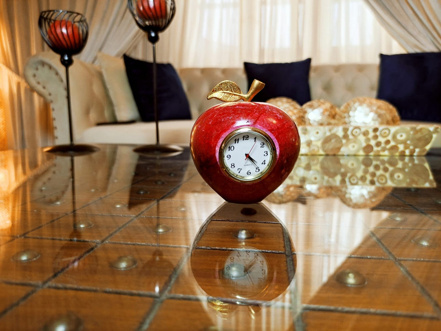 Decorative marble apples,Red apple Clock with gold colored leaves, home gifts, mom gifts Marble Paperweight Handmade Table Clock,