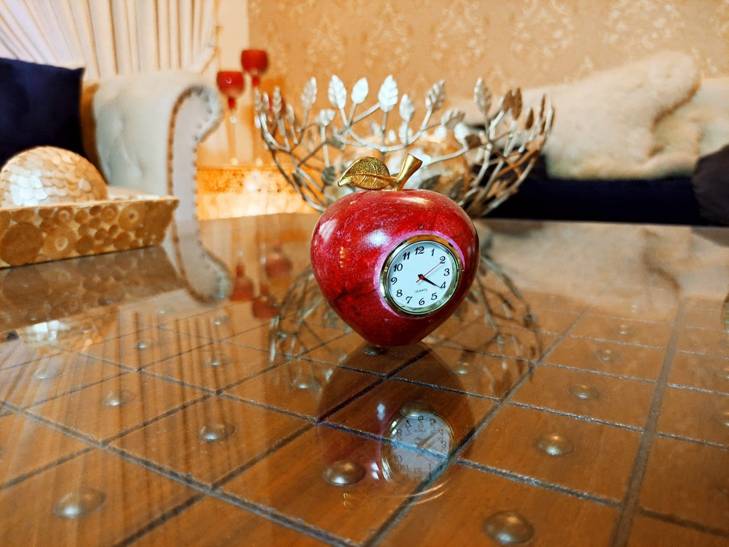 Decorative marble apples,Red apple Clock with gold colored leaves, home gifts, mom gifts Marble Paperweight Handmade Table Clock,