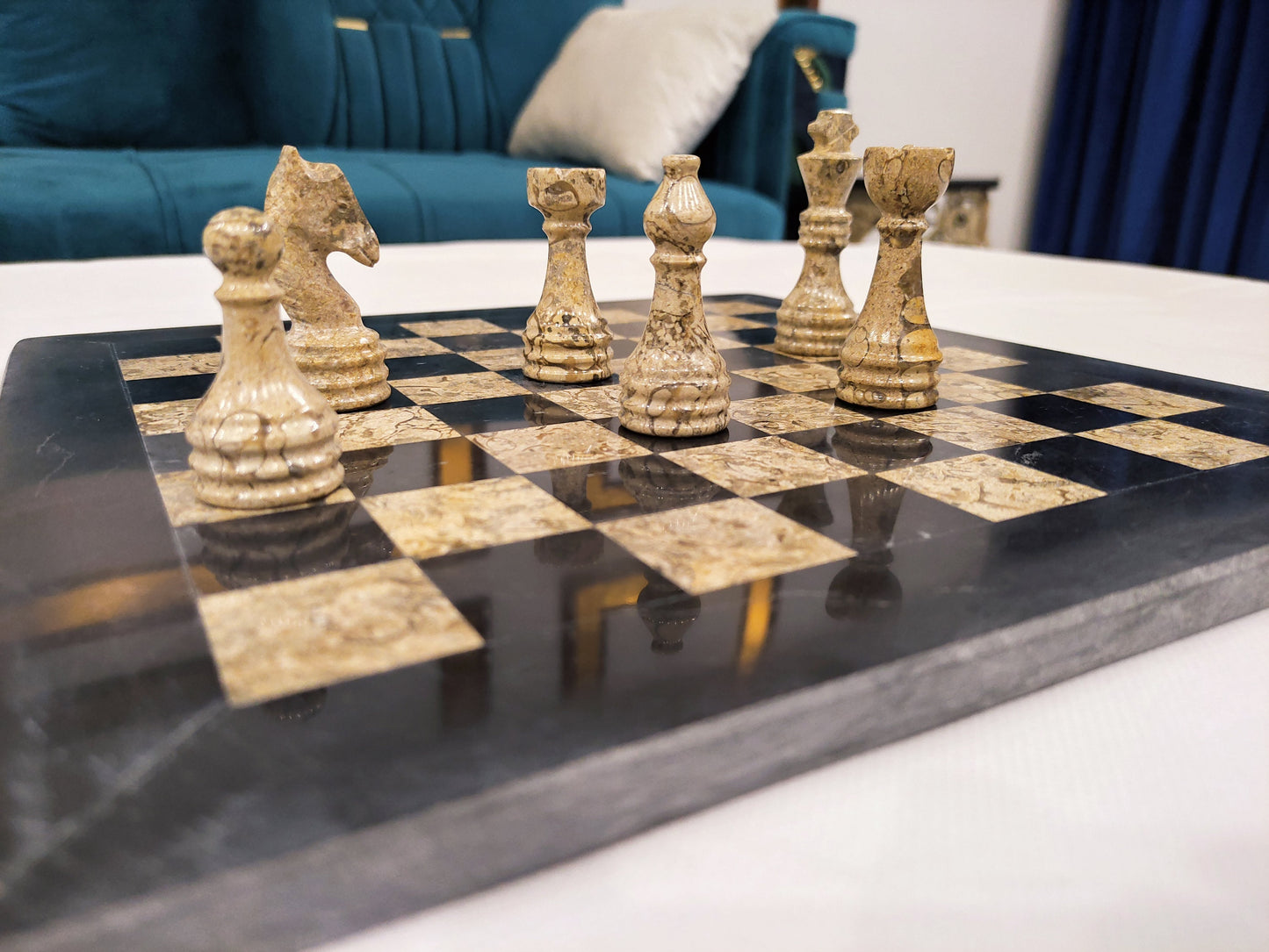 Handmade Marble Chess Set Indoor Adult Chess Game Marble Chess Board Handcraft 16" x 16" Premium Top Quality Chess Board (Black and Coral )